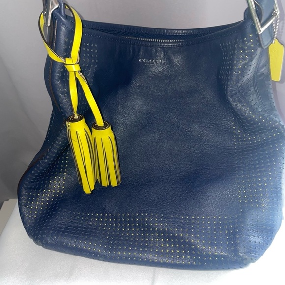 COACH Legacy Perforated Leather Duffle Navy Blue Citrine Yellow 22762 Bag Purse - Picture 1 of 15